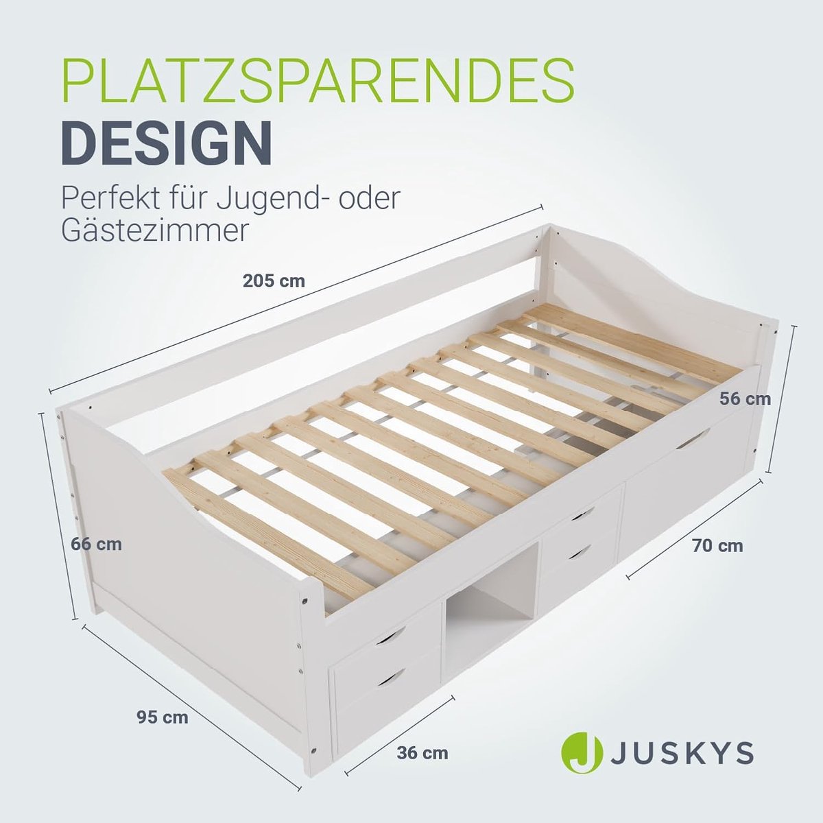 Kinderbed 90x200 cm met Opbergruimte en Lattenbodem – Houten Dagbed met 5 Laden, Veilig Tienerbed met Uitvalbeveiliging en Open Vakken – Wit Scandinavisch Design – HomebyNicole