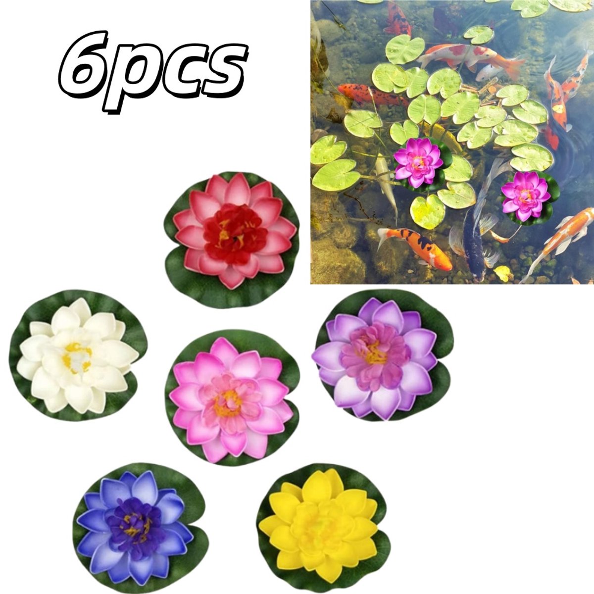 6 stuks - Gesimuleerde drijvende lotusbloem - Levensecht en aantrekkelijk ontwerp - Decoratieve waterplanten - Vijverdecoratie - 22*28 cm -Geschikt voor huis, tuin, aquarium en vissenkom - Geel, paars, roze