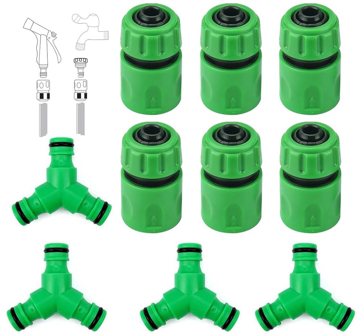 Allecta - 4-delige set Y-slangscheider voor tuinslangaansluiting met 6 waterleidingconnectors - groen - tuinirrigatie.