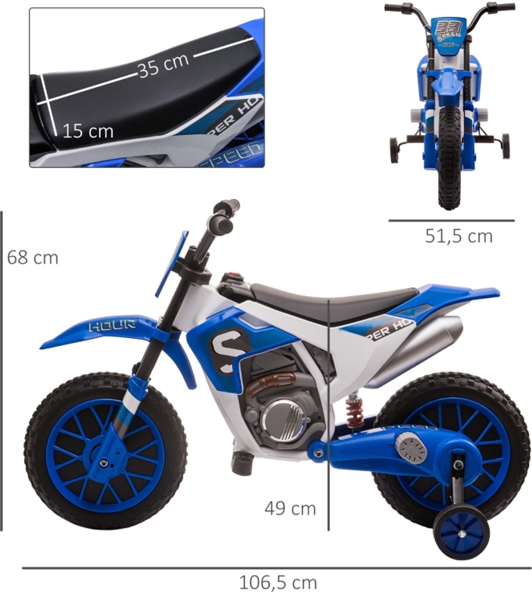 Kinder Elektrische Motor - Blauw Wit - Met Hulpwielen