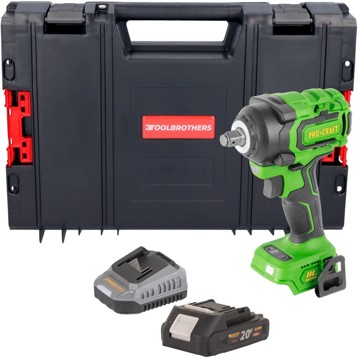 Procraft PWA18bb accu-slagmoersleutel 20 V 550 Nm 1/2" borstelloos + 1x accu 2,0 Ah + oplader + RHINO-gereedschapskoffer