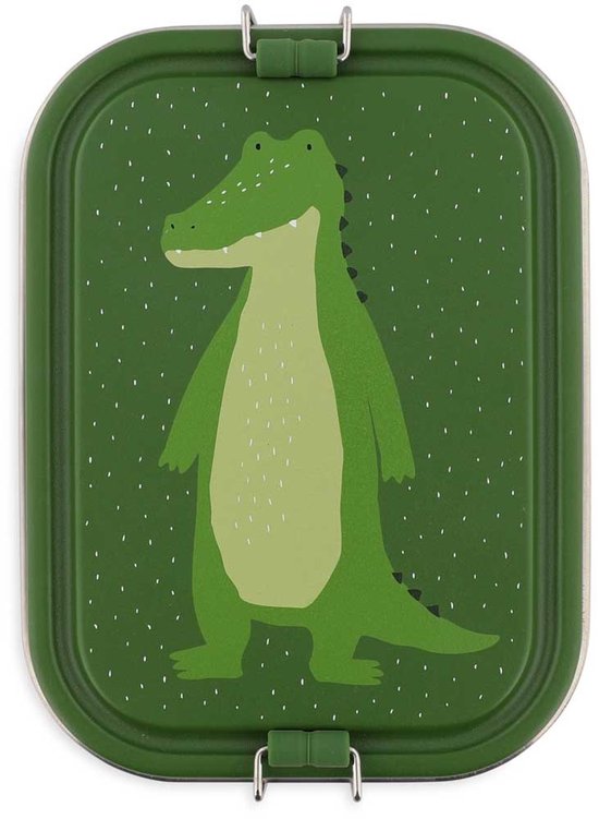 Trixie | Boîte à lunch Grande - Mr. Alligator - Boîte à lunch en acier inoxydable pour enfants - Boîte à sandwich facile à ouvrir - 2 compartiments - Vert