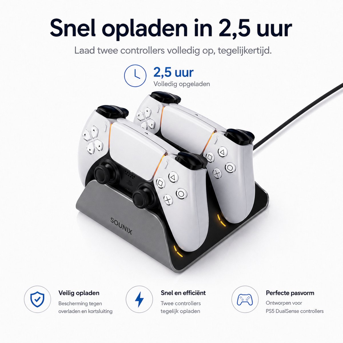 Sounix Oplaadstation geschikt voor PS5 / PS5 Slim / PS5 PRO / DualSense Controller - PS5 accessoires - Dual Oplader - Charging Dock- Grijs – foto 7