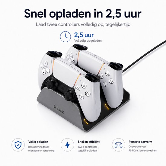 Oplaadstation voor PS5 controllers in grijs met twee witte controllers erop, en opladen in 2,5 uur.