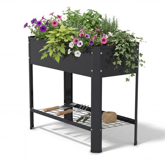Verhoogde Plantenbak 80x35x80 cm – Kweektafel Buiten van Staal – Plantenbak op Poten met Opbergrek – Balkon & Tuin – Zwart