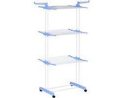 Droogrek Opvouwbaar 4 Niveaus met Draaibare Vleugels en 4 Wielen, Staal en PP, 73x64x177 cm, Wit en Zilver