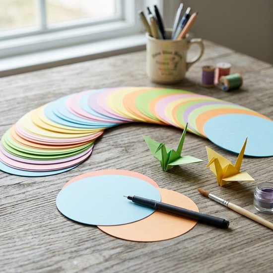 Ronde papieren cirkels in pastelkleuren, gerangschikt in een boog, met papieren kraanvogels, stiften en potloden.