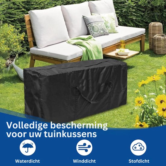 Zwarte, waterdichte en winddichte hoes voor tuinkussens, biedt volledige bescherming.
