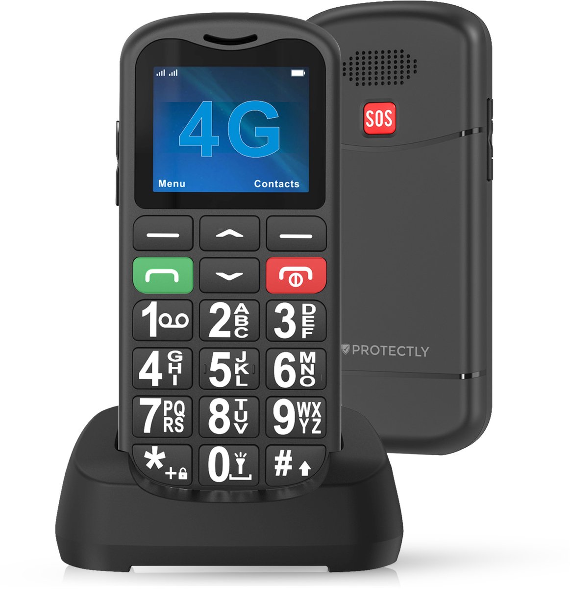 Protectly® Senioren Telefoon - 4G - SOS-Functie - Senioren Mobiele Telefoon - Grote Toetsen Met Kleur - Senioren GSM - Oplaadstation - Simlockvrij - Nederlandstalig - Incl. Simkaart