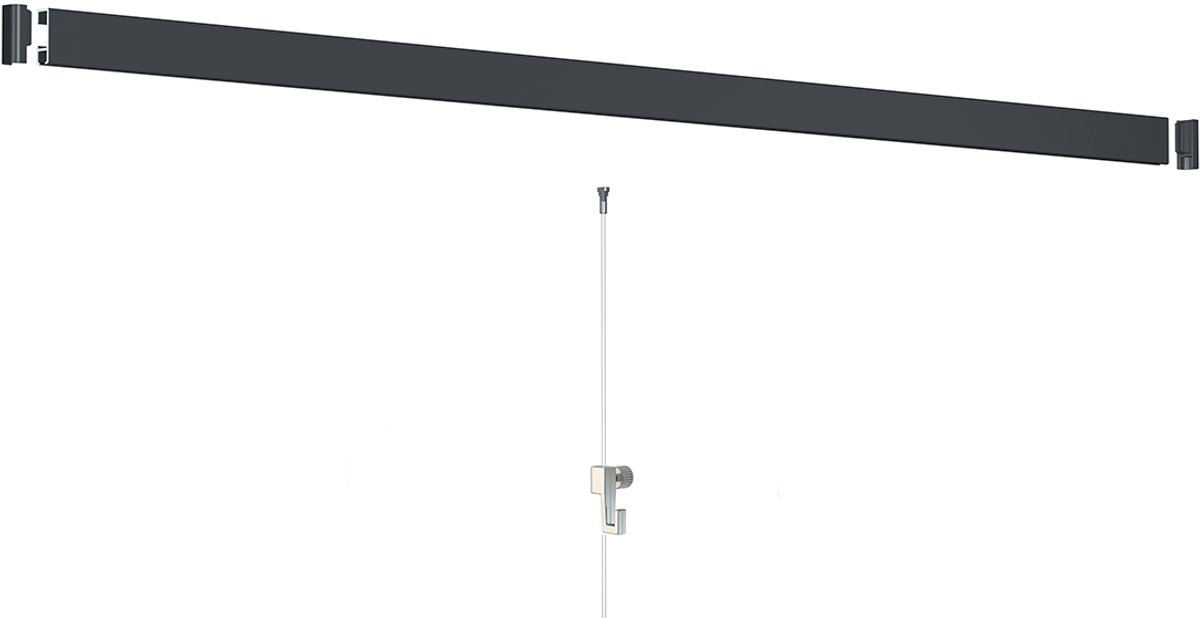 Artiteq Click Rail Schilderij Ophangsysteem 2 meter - Complete Set - Inclusief haken, draden en bevestigingsmaterialen - Zwart - 4 kg/m