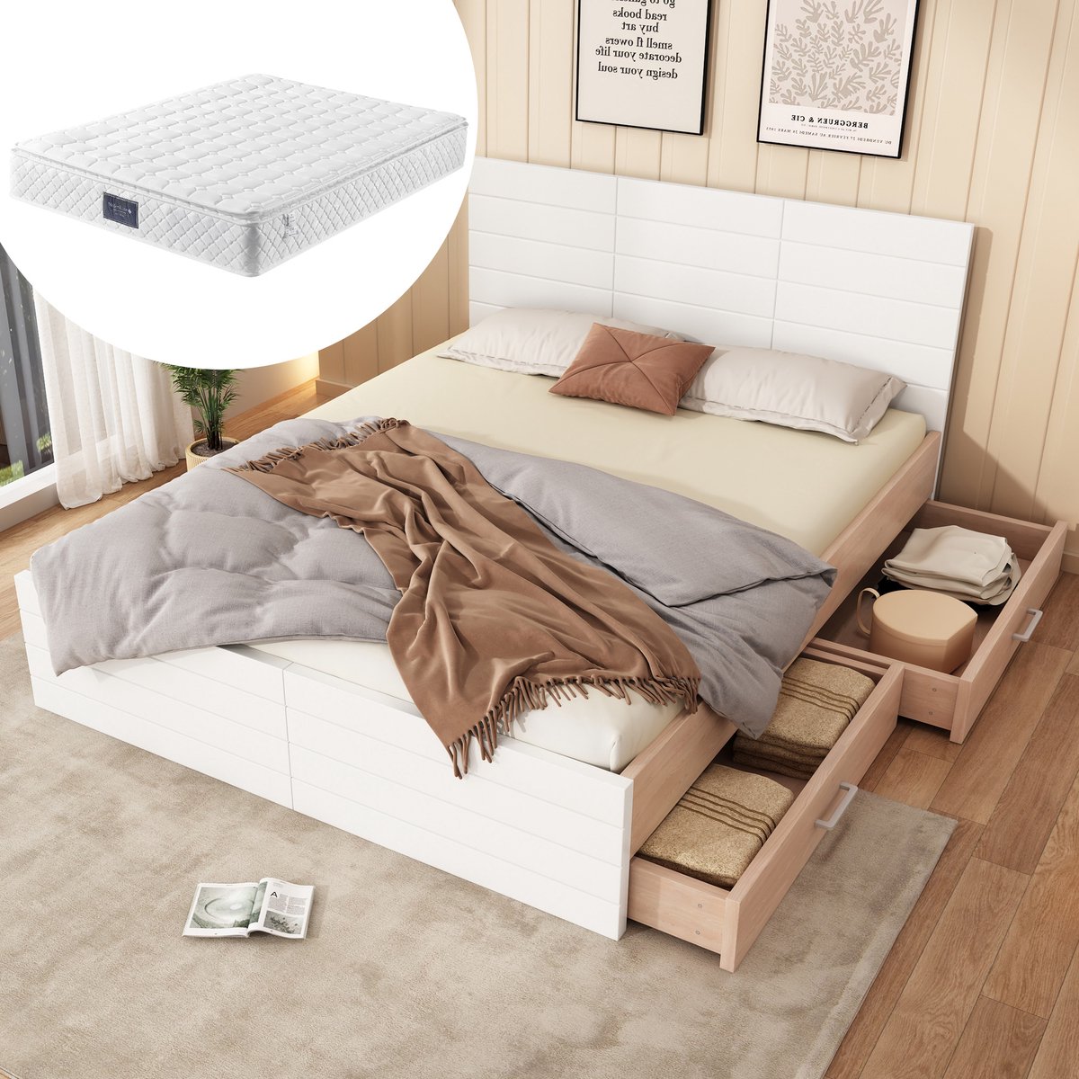Tweepersoonsbed, houten bedframe 160×200cm met 2 lades, modern bed inclusief bedframe en lattenbodem - 207×80×165cm (L×H×B) set in eiken/wit (inclusief matras)