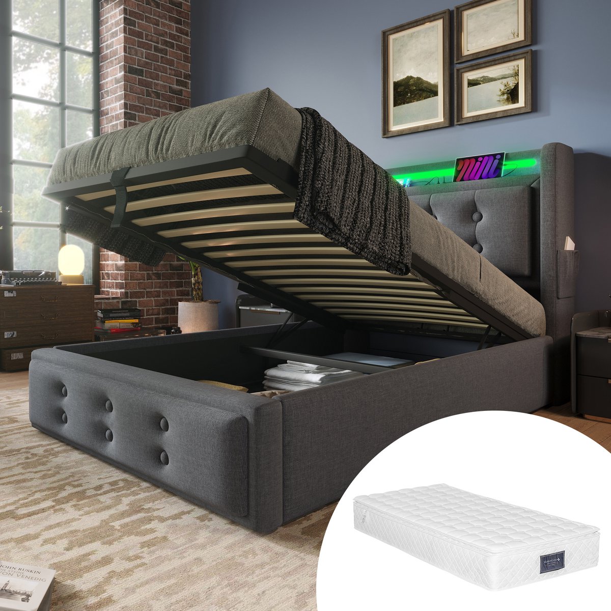 Gestoffeerd bed 90x200, eenpersoonsbed met LED-hoofdbord en USB-C-oplaadfunctie, hydraulisch bed met houten lattenbodem en metalen frame, draagvermogen 150 kg, grijs, katoen (inclusief matras)