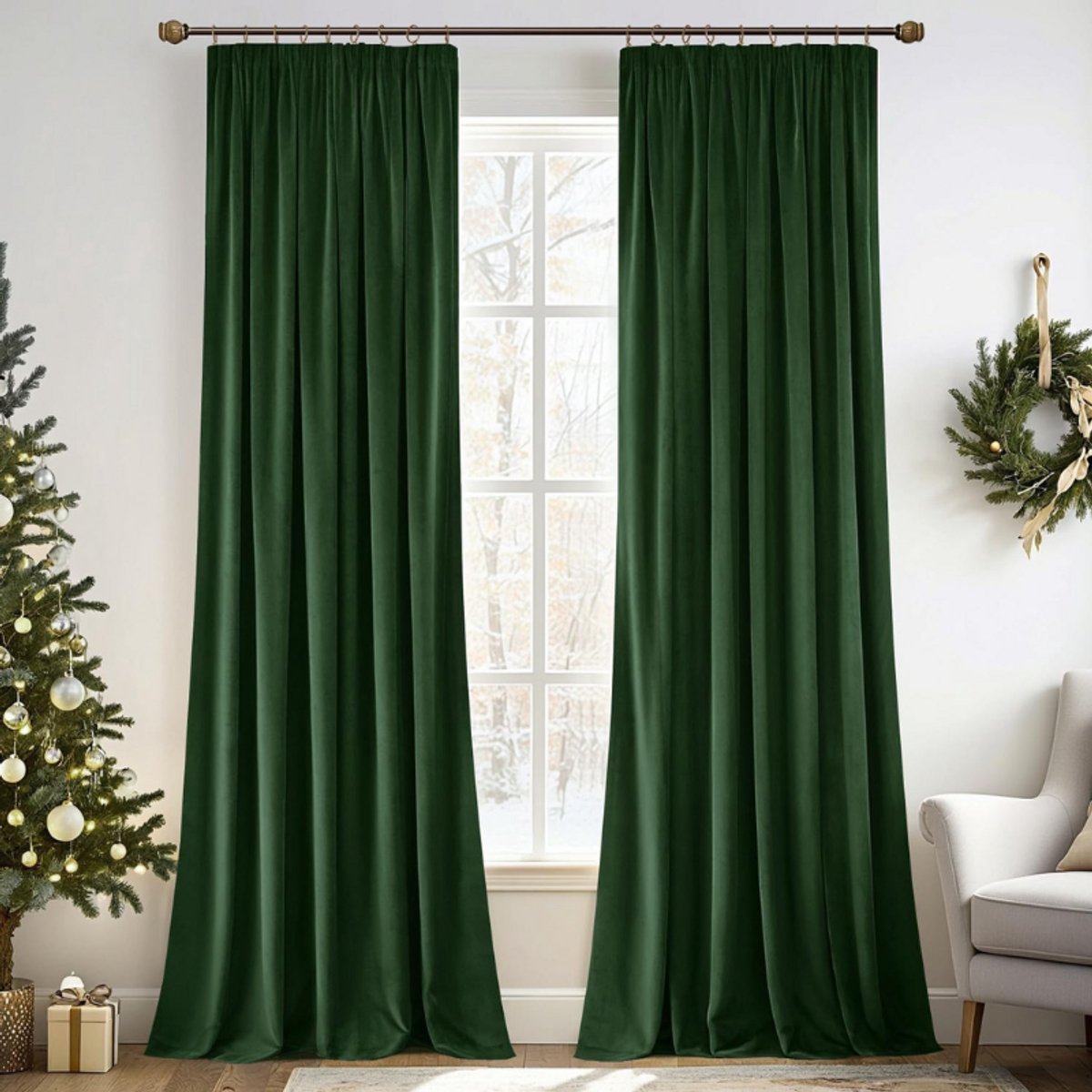 Fluwelen gordijnen met ruches, 2-delig, 140x280cm, mooie dikke en stevige gordijnen voor woonkamer en slaapkamer, ondoorzichtige gordijnen, donkergroene fluwelen gordijnen.