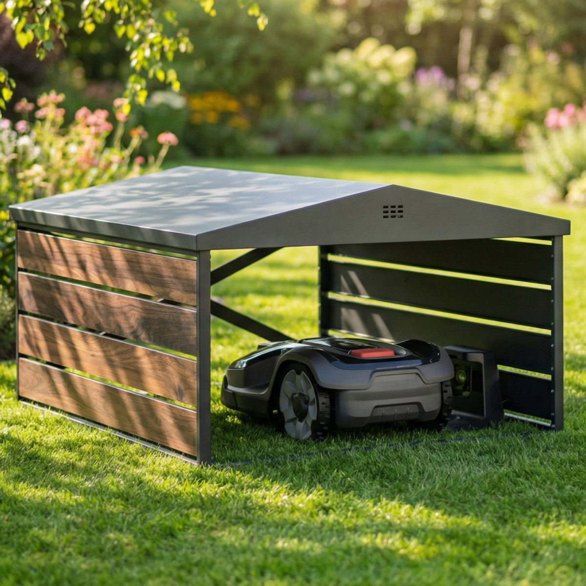 CASABEL Robotmaaier garage van gegalvaniseerd staal in zwart en houtlook met dubbel hellend dak, 84×72×45 cm, universeel