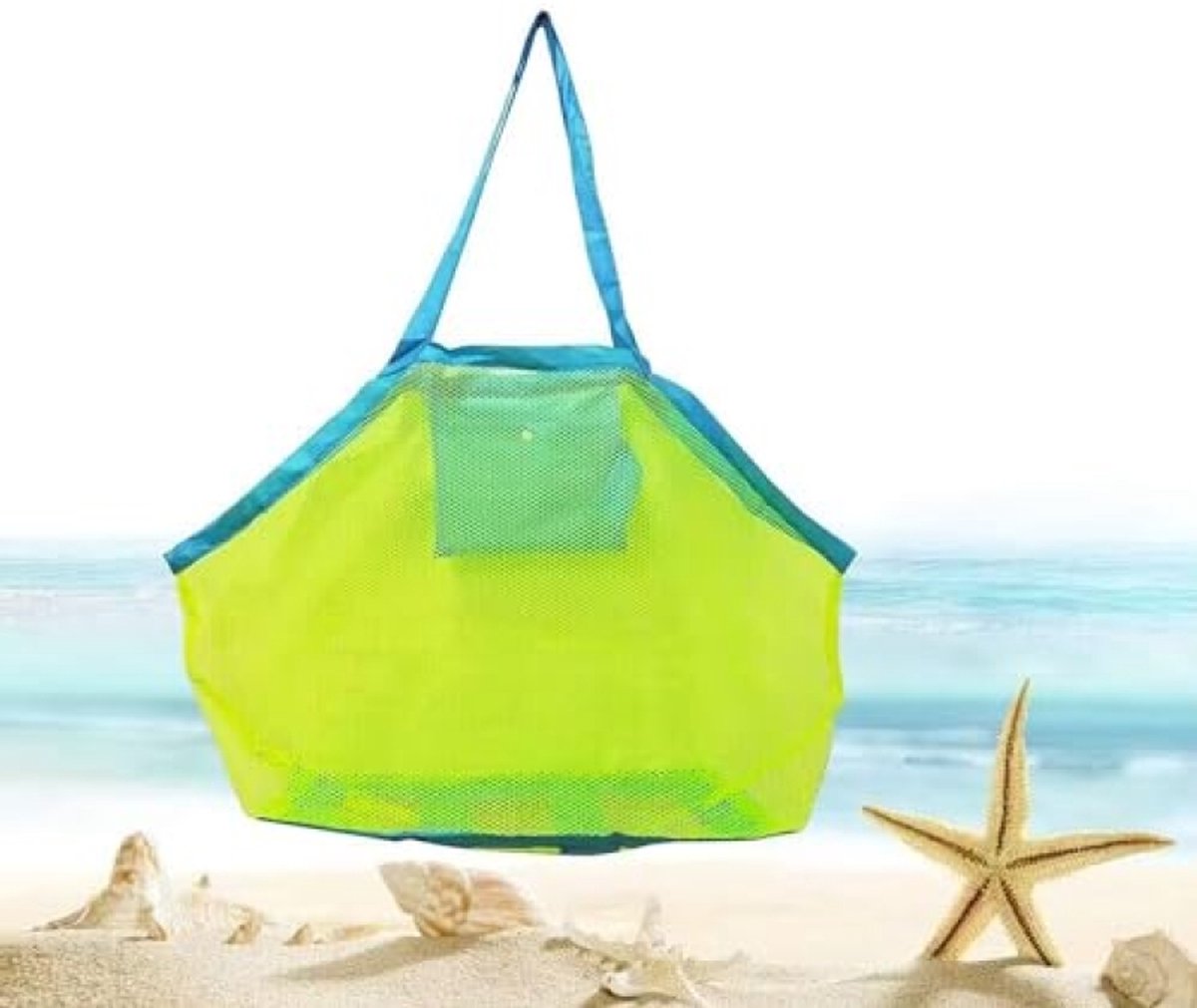 Grote mesh strandtas voor speelgoed zand – opbergtas met rits voor kind, zwembad, reizen, zandschoenen en natte handdoeken – 45 x 30 x 45 cm – groen mesh met blauwe bandjes