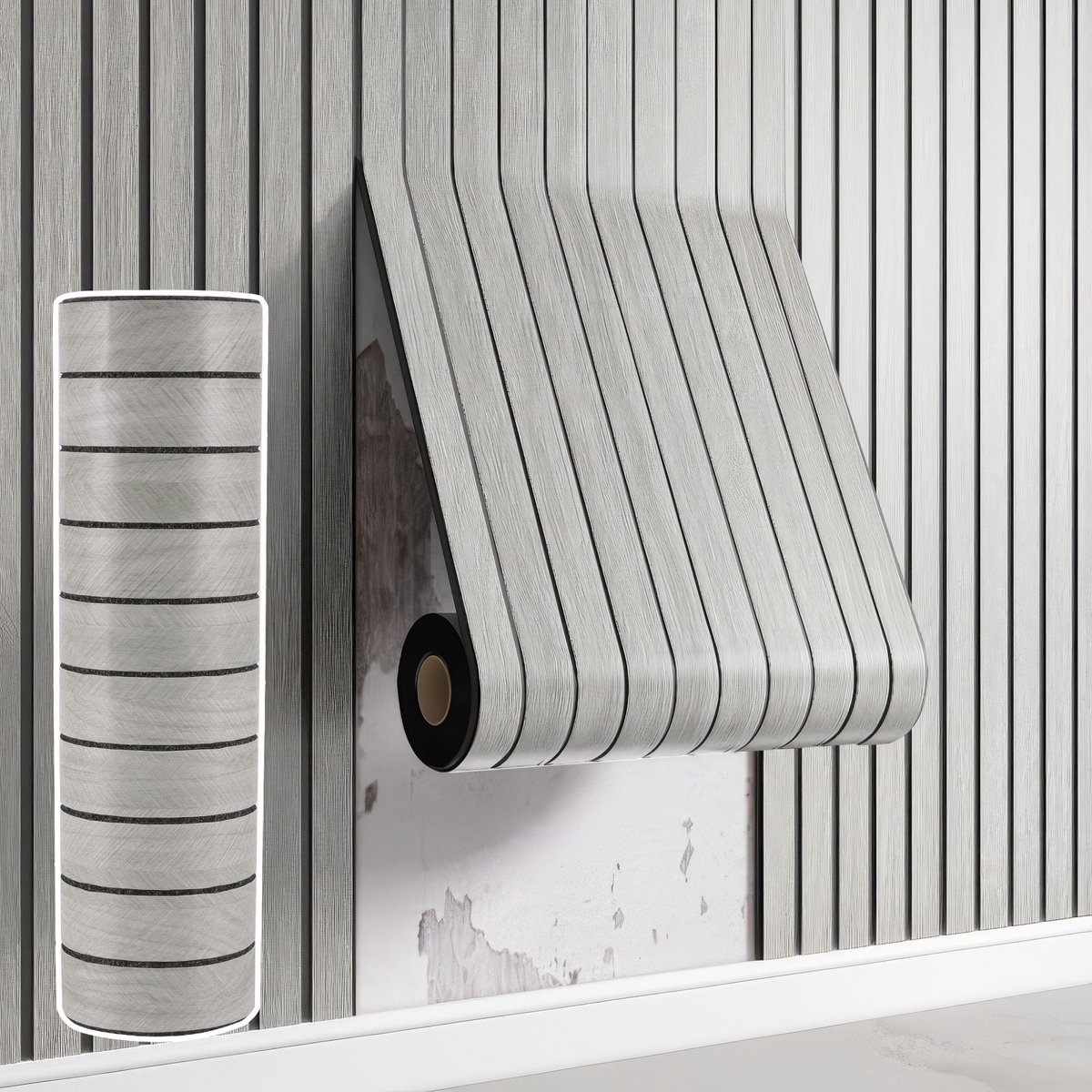 Lemlit 3D Zelfklevende Wandpanelen Houtlook - PVC Wandbekleding Lattenwand Look - 40 x 300 cm - Verwijderbaar Behang voor Woonkamer Keuken Slaapkamer - Donkergrijs