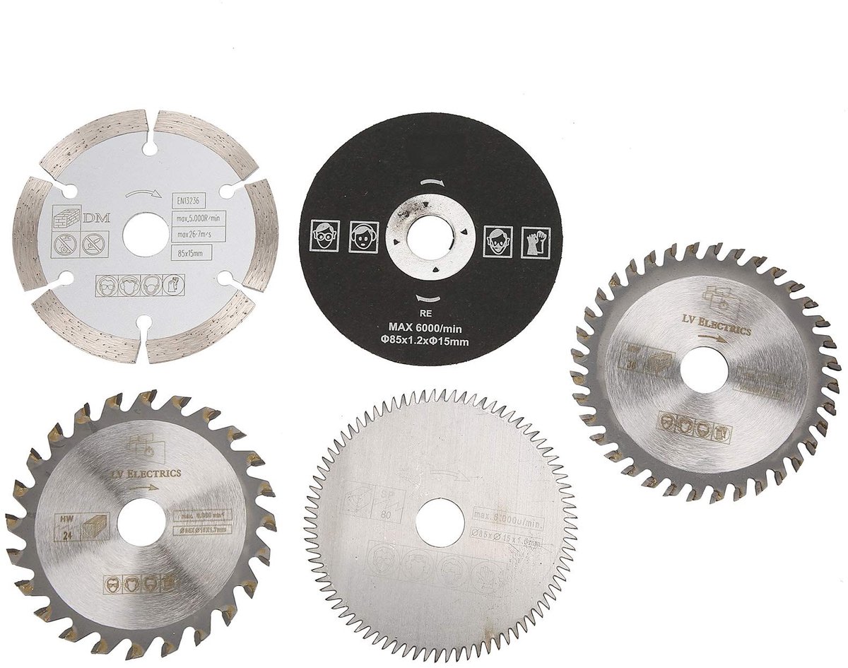 Allecto - Mini Cirkelzaagblad Set - 5 Stuks - 85mm - Carbide - Voor Precisie Snijden - Geschikt voor houtbewerking - Hoogwaardige snijkwaliteit - I...