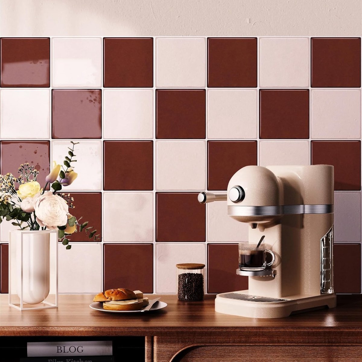 Allecto - Caramel Bruin Schaakbord Tegel Stickers - Zelfklevend - Voor Keuken en Badkamer - Makkelijk aan te brengen - Decoratieve muurstickers - V...