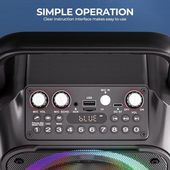 Karaoke Machine met 2 microfoons, draagbare karaokemachine voor volwassenen en kinderen, Bluetooth-luidspreker met PA-systeem, ondersteunt TWS/FM/AUX/USB/TF/REC voor feestjes, verjaardagen en thuisgebruik (zwart) — afbeelding 2