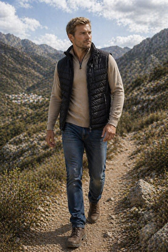 Man op een wandelpad in de bergen draagt een zwarte bodywarmer over een beige trui en blauwe jeans.