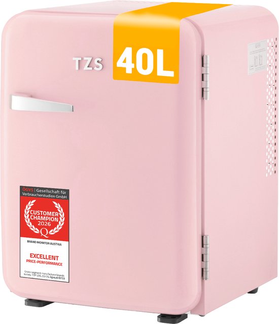 Roze retro koelkast, gesloten. 40L. Met 'Customer Champion 2026' sticker.