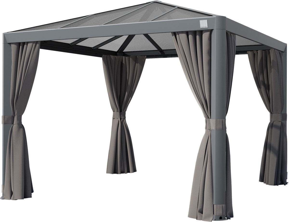 PRIMEYARD Tuinpaviljoen 3x3 m met polycarbonaat dak ca. 7 mm - Hardtop paviljoen met 4 zijwanden in grijs