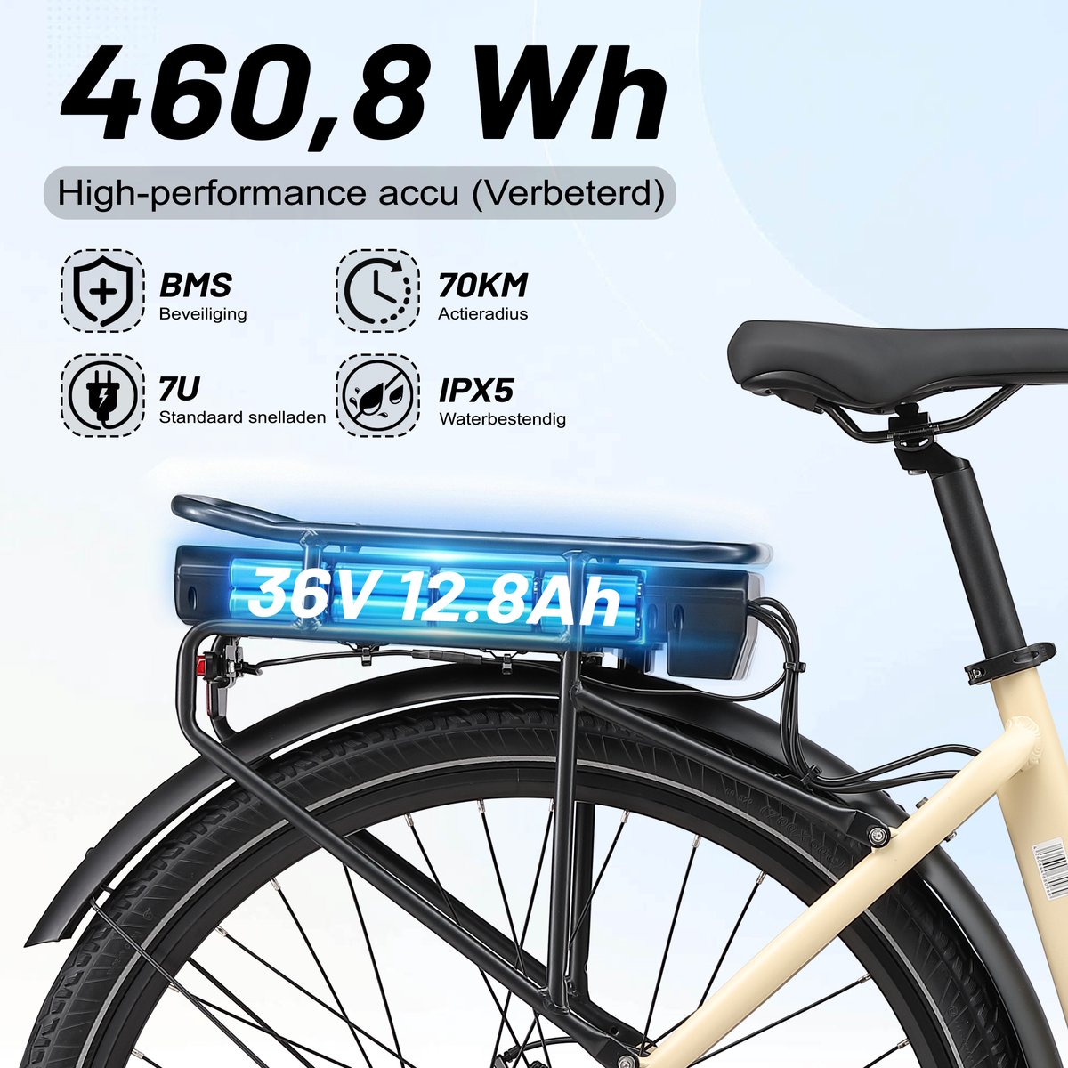 Maxtron Urban7 Elektrische Fiets – 700C×50C Banden – 36V 12.8Ah Accu – Actieradius tot 70 km – Mechanische Schijfremmen – Stadsfiets – Max. Belastbaar 120 kg –Beige thumbnail 5