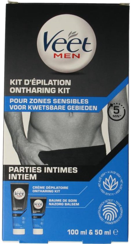 Veet Men ontharingskit voor intieme delen, met creme en nazorg balsem. 100 ml & 50 ml.