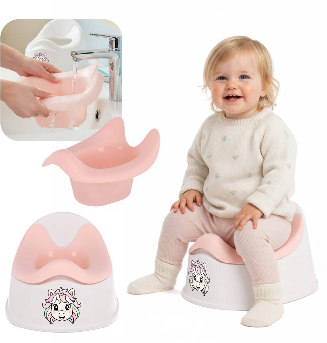 sun baby Potje - 18-36 maanden - antislipvoeten, ergonomische rugleuning, verwijderbare inzet, kunststof, tot 15 kg - Wit-Roze + Sticker Eenhoorn