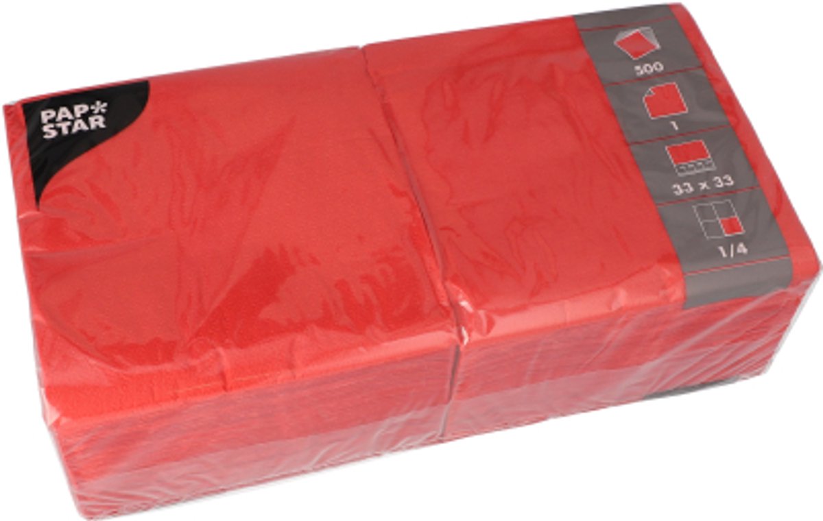 10x 500 Servetten 1-laags 1/4 vouw 33 cm x 33 cm rood