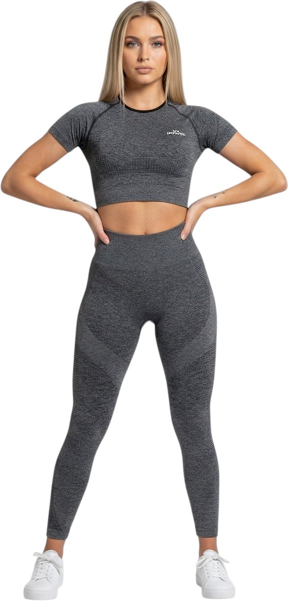 Mives® Sportlegging en Top - yoga-outfit - Fitness set - Scrunch Butt - Dames Legging - Sportkleding - Fashion legging - Sport Broeken - Gym Sports - Fitness Wear - High Waist - GRIJS - maat S - KORTE MOUWEN