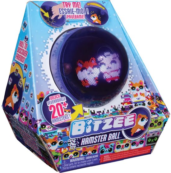 Bitzee Hamster Bal verpakking met veel pixel hamsters. Een paarse bal met een lichtgevende hamster.