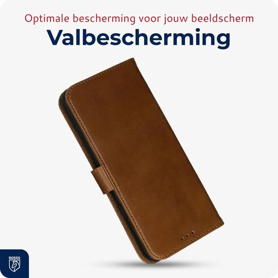 Bruin lederen telefoonhoesje in schuine weergave, met focus op valbescherming.