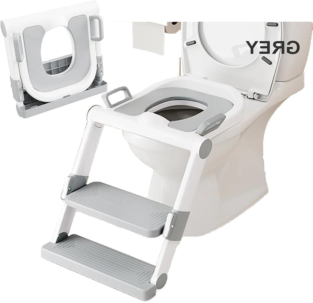 Baby Toiletverkleiner - Zitje met trede - Zindelijkheidstraining - Inklapbaar zonder montage - Universeel passend - Grijs en wit