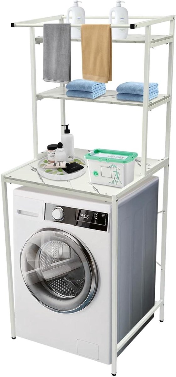 Wasmachine Opbergrek - Waskast Bovenbouw - Ruimte Besparen - Trapezium Vorm - 69 x 60 x 176.5 cm - Wit Marmer