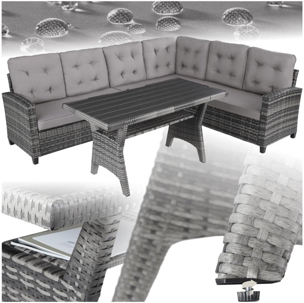 Loungeset met Eettafel XXL 240x185x73 cm – Polyrotan Hoekbank Tuinset met Tafel & Kussens – Modulaire Outdoor Lounge Dining Set voor Terras & Tuin – grijis– Urbanhome