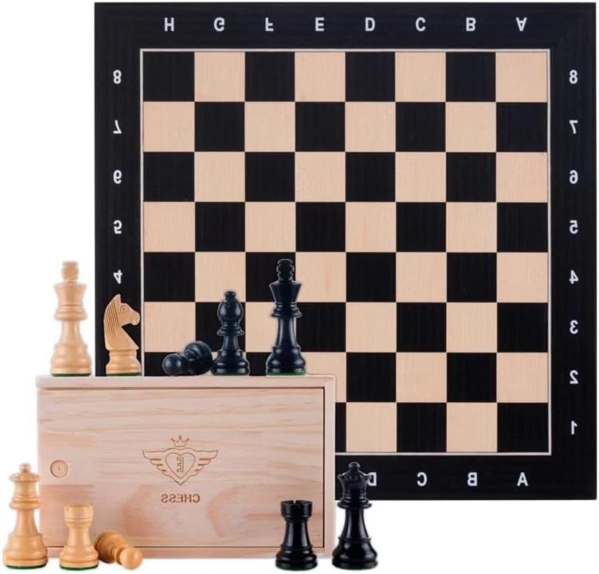 Luxe Schaakset - Schaakspel Hout - Strategisch Spel - Met Coördinaten - 40 cm Bord - Zwart