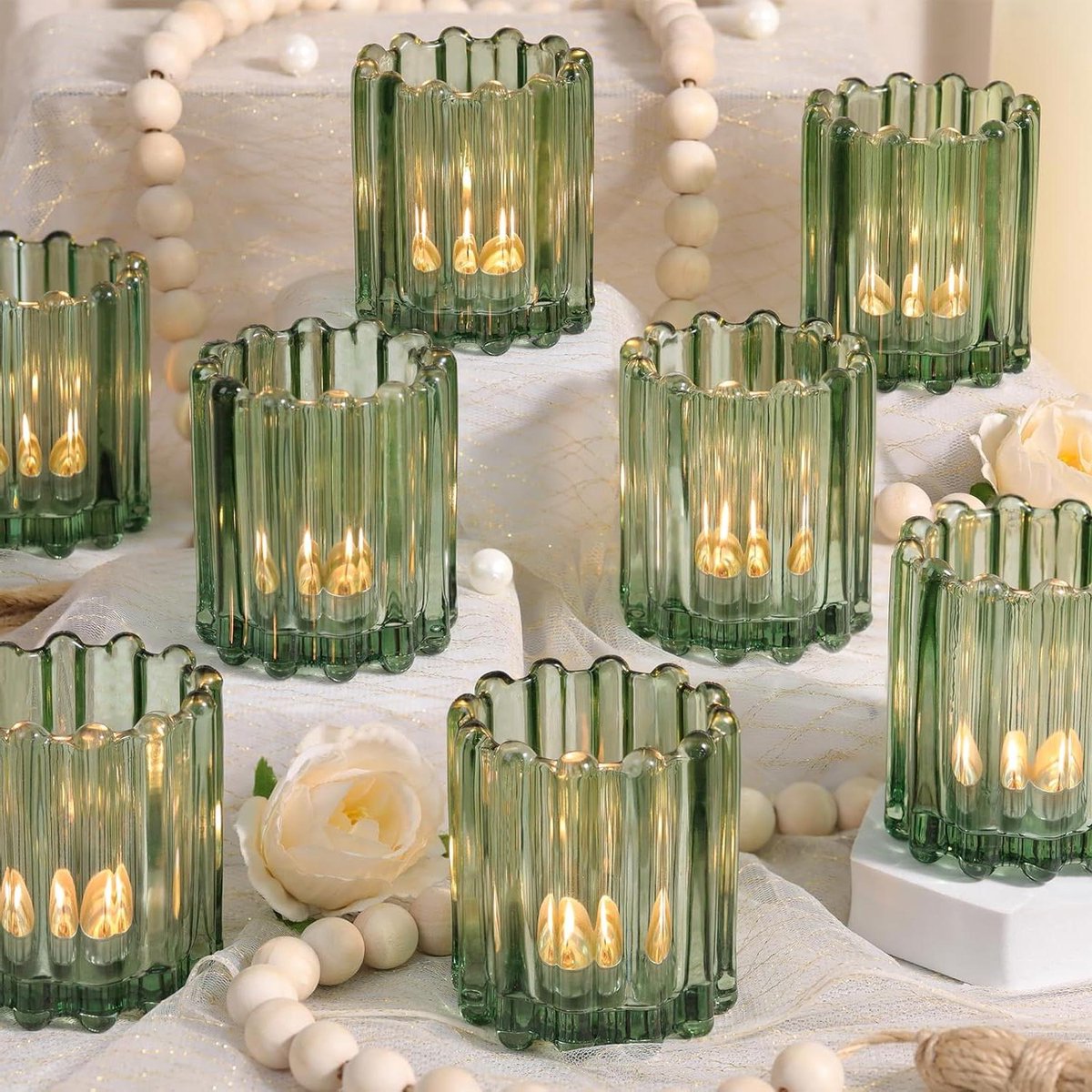 Glazen Votief Kaarsenhouder - Theelicht Houder - Tafel Decoratie - Geribbeld Ontwerp - 7.5 cm Hoog - Groen