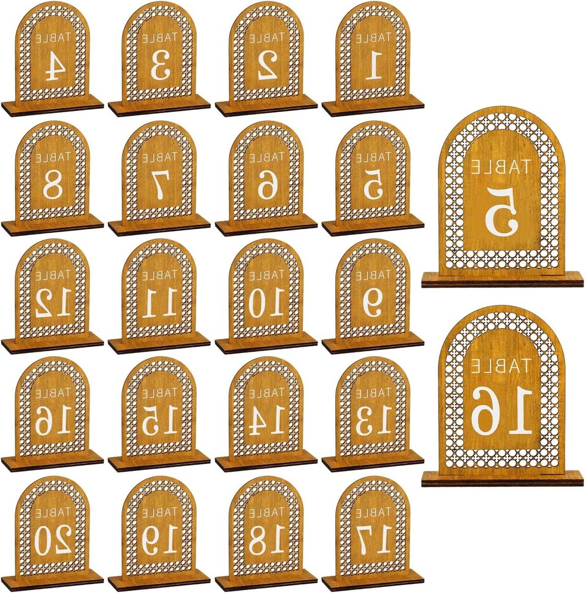 Houten Tafelnummers - Rotan Tafelkaarten - Bruiloft Decoratie - Boogontwerp - 11x8cm - Houtkleur