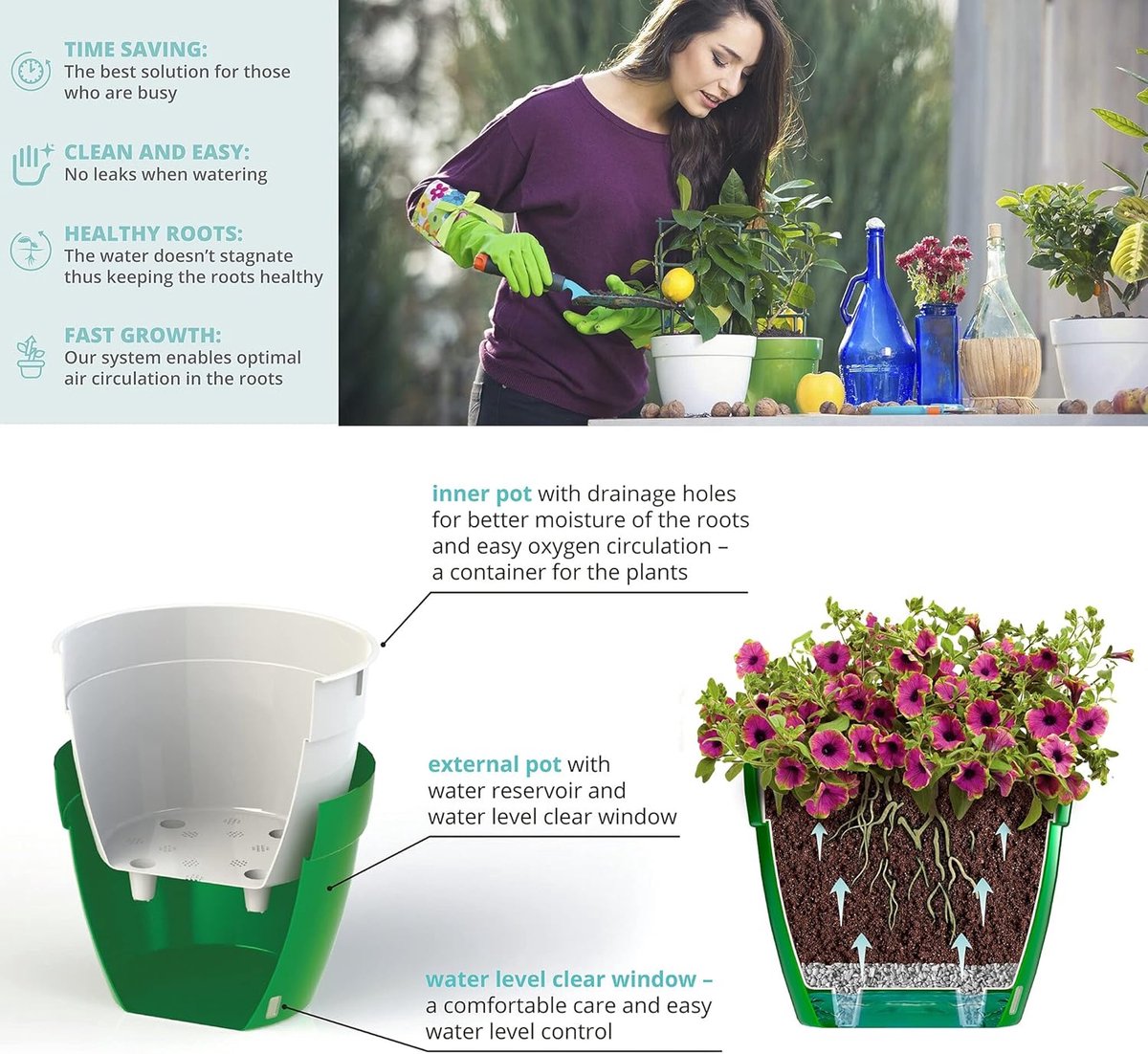 Zelfbewaterende Bloempot - Pot met Waterindicator - Planten Verzorgen - Waterniveau Zichtbaar - 23.5 cm Diameter - Antraciet Wit — cadeau in Wonen & Interieur - foto 4