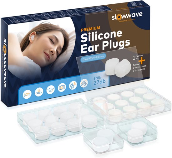 Slowwave Premium Earplugs - Clear White Edition - Onopvallende siliconen oordopjes - Comfortabele en effectieve oordopjes om te slapen - Ook geschikt voor werken, reizen, zwemmen, studeren, uitgaan etc.