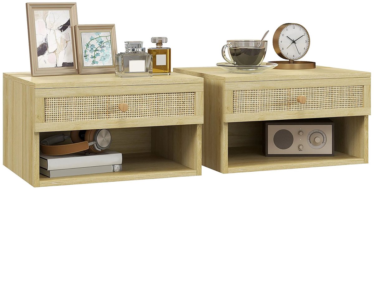 NordHaus Zwevend Nachtkastje Set van 2 - Wand Nachtkastjes met Lade en Plank - Ruimtebesparend Design - Houten Opbergkast