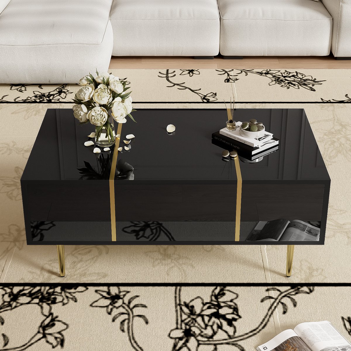 MODFU - Salontafel - 2 Laden - Modern - Woonkamer - MDF - Zwart - 100 x 60 x 41,5 cm