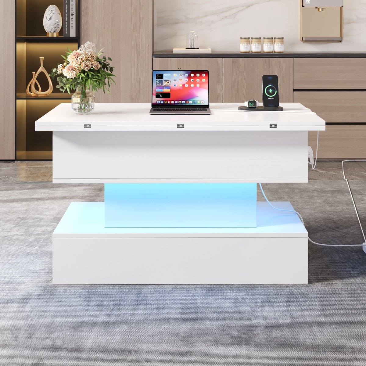 MODFU Salontafel - Hefbaar Blad En Verborgen Opbergruimte - Woonkamer - Spaanplaat - Wit - 100 X 50 X 51,5 Cm