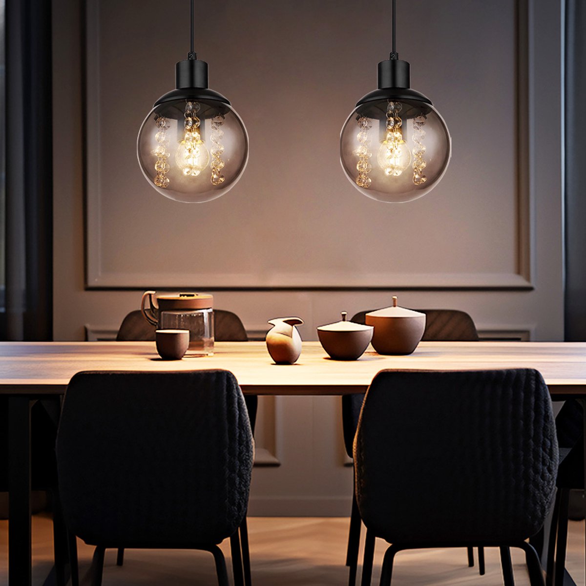 Hanglamp eettafel hanglamp woonkamer, gerookt glas, zwart metaal, 1x E27, DxH 15 x 150 cm