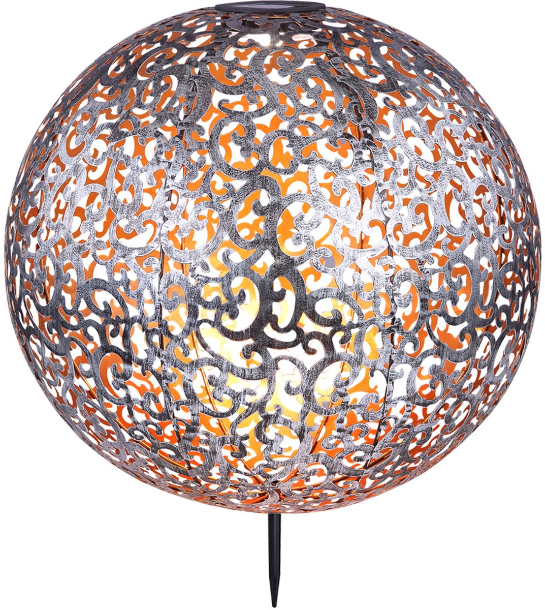 Solar lantaarn Solar tuinbol OostersLED-insteeklamp IP44, grondspies, metalen patroon antiek zilvergrijs, 1x LED 3000K, DxH 40x50 cm