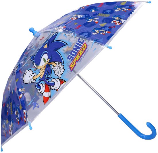 Transparante paraplu met blauw handvat. Bedrukt met Sonic en de tekst "SONIC SPEED LET'S ROLL!".