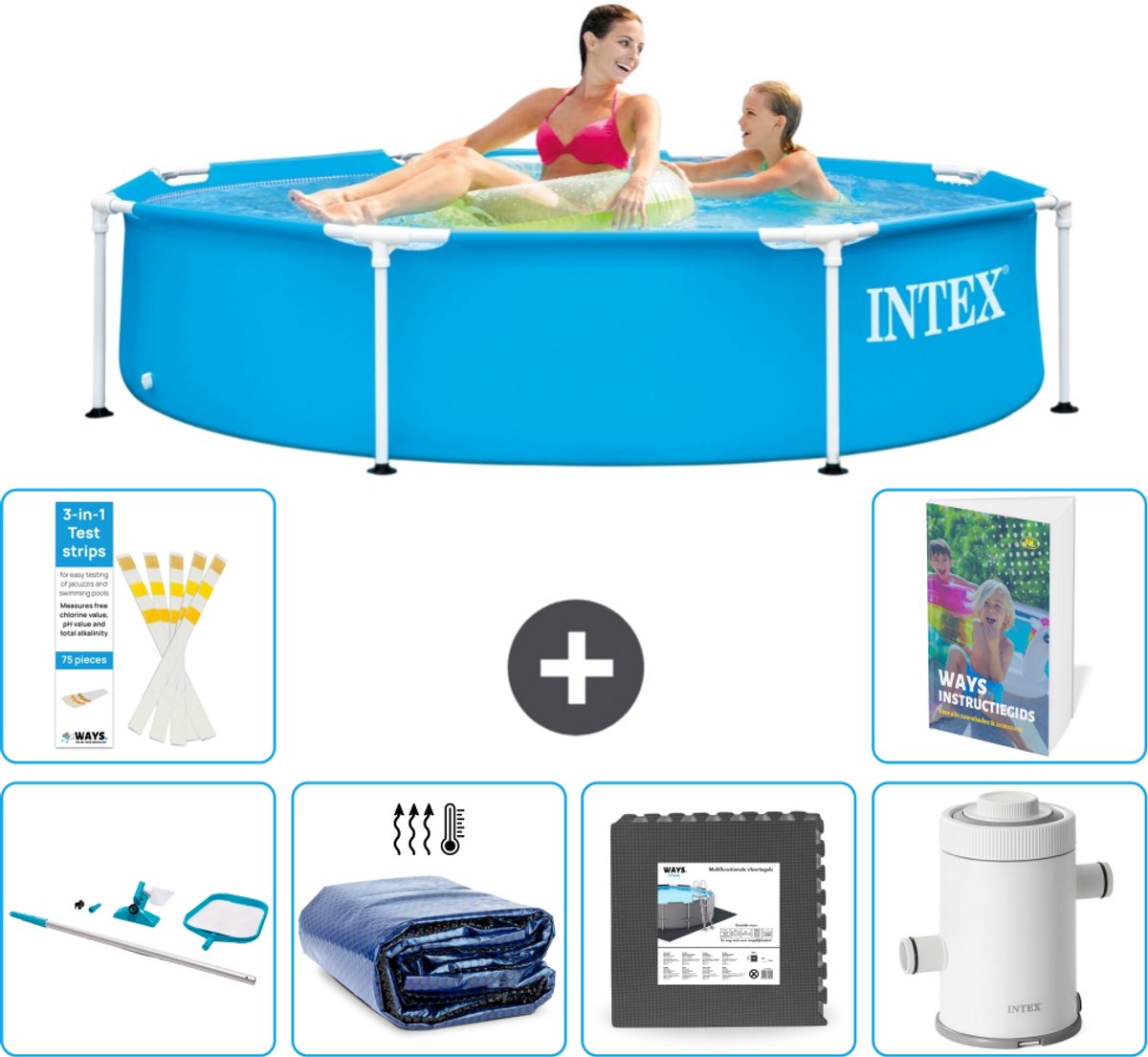 Intex Rond Frame Zwembad - 244 x 51 cm - Blauw - Inclusief Schoonmaakset - Solarzeil - Vloertegels - Zwembadfilterpomp - 7-delig