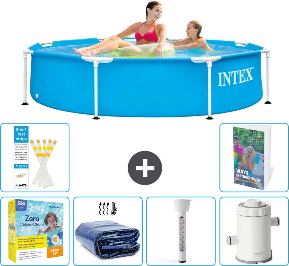 Intex Rond Frame Zwembad - 244 x 51 cm - Blauw - Inclusief Onderhoudspakket - Solarzeil - Thermometer - Zwembadfilterpomp - 7-delig