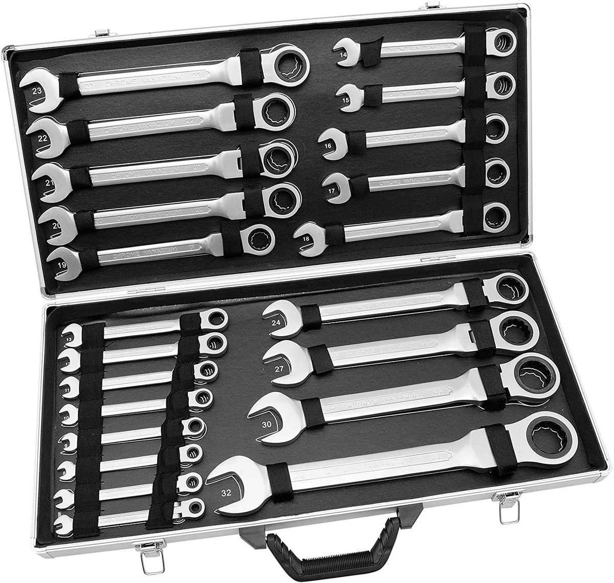 Ratelsleutelset 22-delig - Scharniersleutel set - Reparaties uitvoeren - 180 graden draaibare kop - 6-32 mm - Zilver